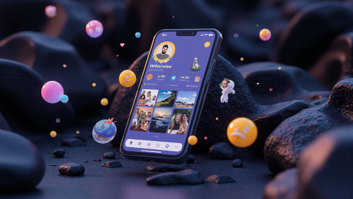 社交应用界面截图，显示游戏社区聊天界面，包含用户头像、消息气泡和表情符号，界面设计友好直观