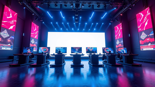 电竞比赛现场照片，大型场馆内观众席满座，舞台中央大屏幕显示比赛画面，选手坐在电脑前专注比赛